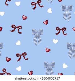 seamless pattern with Vintage Ribbon Bow and Gemstone Heart in red, blue and white