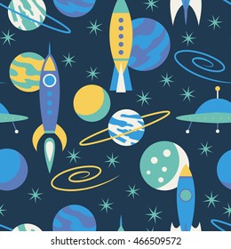 Seamless pattern with vintage rockets in space. Vector illustration