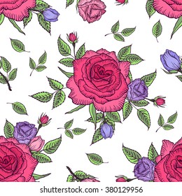 Seamless pattern of vintage rose, floral background of pink and lilac roses, vector design for card, women's day, mother's day, wedding, birthday, textile, web, wallpaper