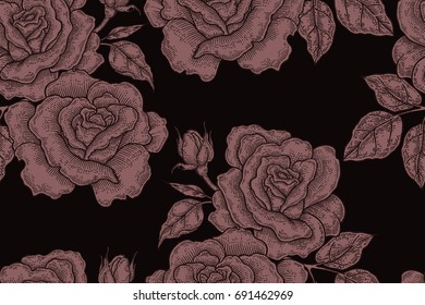 Seamless pattern with vintage rose flowers. Vector illustration for fabrics, gift packaging, textiles and card design