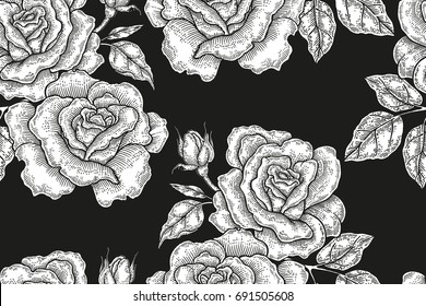 Seamless pattern with vintage rose flowers. Black and white graphic. Vector illustration for fabrics, gift packaging, textiles and card design