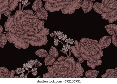 Seamless pattern with vintage rose flowers. Vector illustration for fabrics, gift packaging, textiles and card design