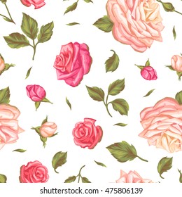 Seamless pattern with vintage roses. Decorative retro flowers. Easy to use for backdrop, textile, wrapping paper, wallpaper.