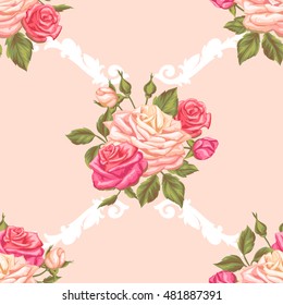 Seamless pattern with vintage roses. Decorative retro flowers. Easy to use for backdrop, textile, wrapping paper, wallpaper.