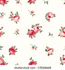 Seamless pattern with vintage roses. Floral background. Wallpaper with blossoming flowers and leaves