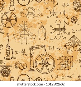 Seamless pattern with vintage science objects. Scientific equipment for physics and chemistry. Vector illustration