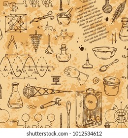 Seamless pattern with vintage science objects. Scientific equipment for physics and chemistry. Vector illustration