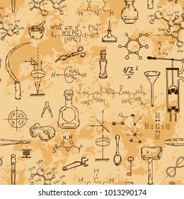 Seamless pattern with vintage science objects. Scientific equipment for physics and chemistry. Vector illustration