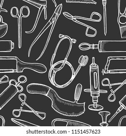 Seamless pattern with vintage science objects. Scientific equipment for physics and chemistry. Vector illustration