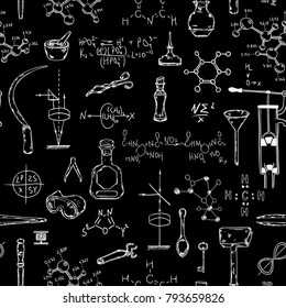 Seamless pattern with vintage science objects. Scientific equipment for physics and chemistry. Vector illustration