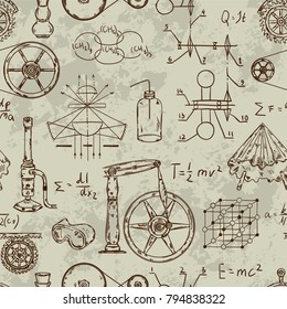 Seamless Pattern With Vintage Science Objects. Scientific Equipment For Physics And Chemistry. Vector Illustration