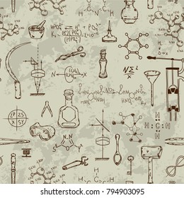 Seamless pattern with vintage science objects. Scientific equipment for physics and chemistry. Vector illustration