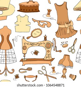 Seamless pattern of vintage sewing accessories, sepia color. Vector illustration.