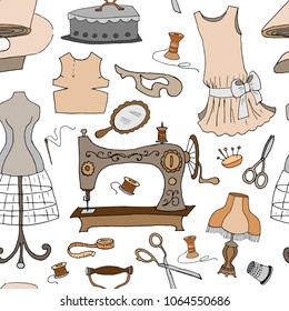 Seamless pattern of vintage sewing accessories. Vector illustration.