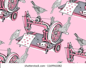 Seamless pattern with a Vintage Sewing machine and birds on a pink background. Wallpaper, Textil, t-shirt composition, hand drawn style print. Vector illustration.