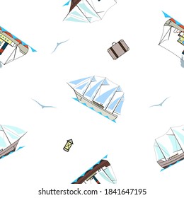Seamless pattern with vintage ships, seagulls and bags in cartoon style on white background.