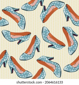 
Seamless pattern vintage shoes with polka dots. Pop art items of clothing for a woman. Vector illustration.