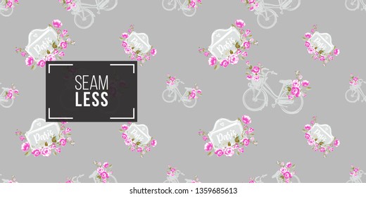Seamless pattern with vintage signboard with rose flowers and city bike with basket with flowers. French symbols hand drawn illustrations. Watercolor style vector background.