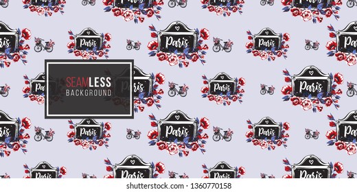 Seamless pattern with vintage signboard with rose flowers and city bike with basket with flowers. French symbols hand drawn illustrations. Watercolor style vector background.