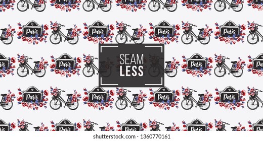 Seamless pattern with vintage signboard with rose flowers and city bike with basket with flowers. French symbols hand drawn illustrations. Watercolor style vector background.