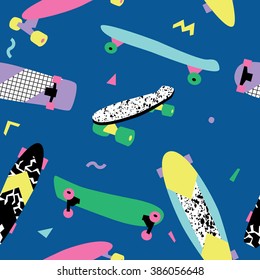 Seamless pattern with vintage skateboards in 80s style 