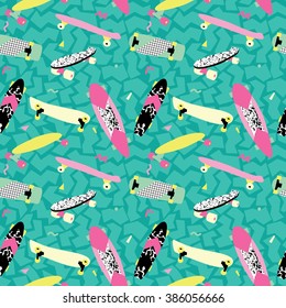 Seamless pattern with vintage skateboards in 80s style