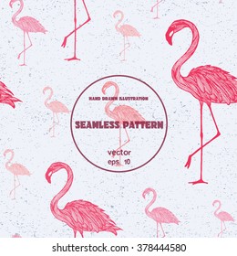 Seamless pattern. Vintage sketch of flamingos. Hand drawn illustration in line art style.