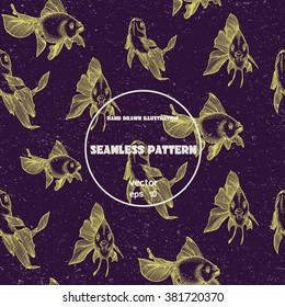 Seamless pattern. Vintage sketch of goldfish. Hand drawn illustration in line art style