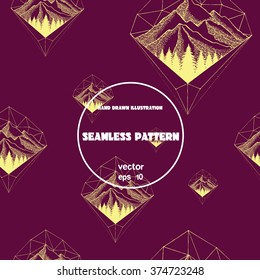 Seamless pattern. Vintage sketch of mountains. Hand drawn illustration in line art style on space background.