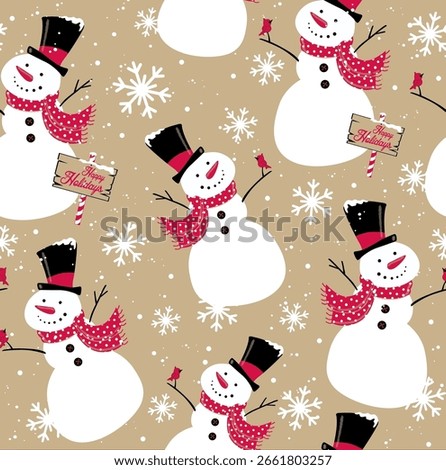 Seamless Pattern of Vintage Snowman with Snowflakes and Happy Holidays signage. Natural Background- Christmas Vintage Snowman Vector Illustration