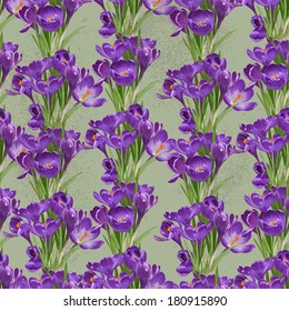 Seamless pattern from vintage spring purple crocuses