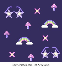 Padrão sem costura com óculos de sol vintage em forma de estrela e arco-íris em estilo de 90s. Elementos multicoloridos em plano de fundo escuro. Ilustração retrô com contorno no estilo dos anos 90. Ilustração vetorial.