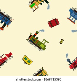Seamless pattern with vintage steam puffers and luggage in cartoon style on beige background.