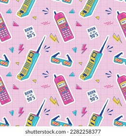 Seamless pattern in Vintage style 90s. Retro mobile phone6 sunglasses, memphis style. Textile and paper design.