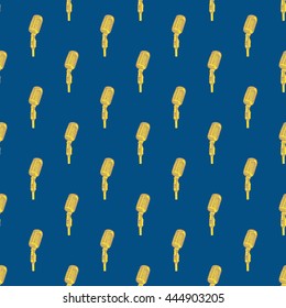 Seamless pattern, vintage style. Abstract background with sketchy microphone. Vector pattern for wrapping, textile, carpet, paper, t-shirt or other printing products. Blue, brown and yellow colors