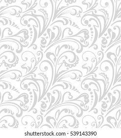 Seamless pattern. Vintage style background with floral ornaments. Abstract composition with grey elements on white backdrop. Illustration with an elegant design.