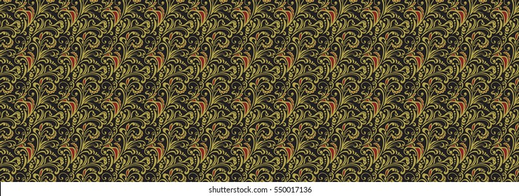 Seamless pattern. Vintage style background with floral ornaments. Abstract composition with gold and red elements on a black horizontal backdrop. Illustration with an elegant design.