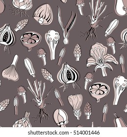 Seamless pattern with vintage style botanical elements. Doodle template for design. Vector illustration eps 8