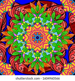 Seamless pattern in vintage style with bouquets of flowers. On black, green and blue colors. Vector illustration.