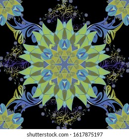 Seamless pattern in vintage style with bouquets of flowers. On green, black and blue colors. Vector illustration.
