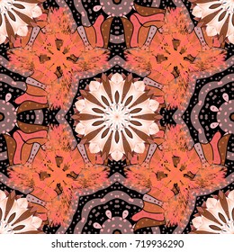 Seamless pattern in vintage style with bouquets of flowers. Vector illustration. On orange, neutral and black colors.