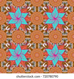 Seamless pattern in vintage style with bouquets of flowers. Vector illustration. On orange, brown and blue colors.