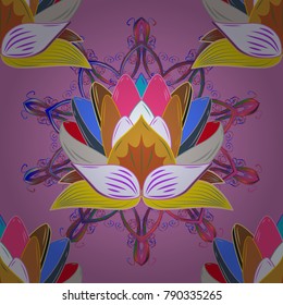 Seamless pattern in vintage style with bouquets of flowers. Vector illustration. On violet, gray and yellow colors.