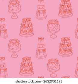 Seamless pattern of vintage style cakes with ribbons and bows hand drawn in outline on pink background. Concept of celebration, romantic party decor and sweet festive mood