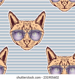 seamless pattern with vintage style cat's head looking forward with human glasses on a blue striped background