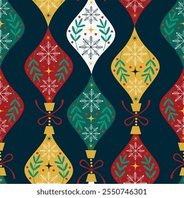 Seamless pattern with vintage style Christmas ornaments. Old fashioned Christmas toys. Hand drawn vector illustration