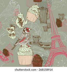 Seamless pattern in vintage style with cups and cakes