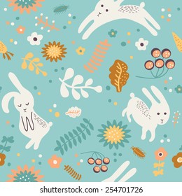Seamless pattern in vintage style with cute rabbits and floral elements