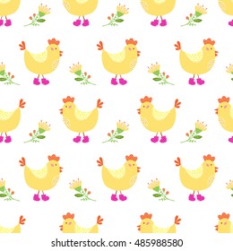 Seamless pattern in vintage style. Cute doodle chicken cartoon design. Can be used for wallpaper, pattern fills, web page background, surface textures. Vector