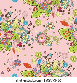 Seamless pattern in vintage style. Doodle flowers, leaves, and grass retro design. Can be used for wallpaper, pattern fills web page background, surface textures. Vector